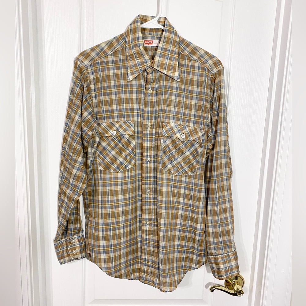 70s Levi’s Point Collar Plaid Western Shirt Vintage Brown Blue Men’s Medium